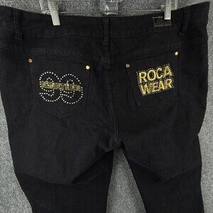 Rocawear Y2K Women Jeans Size 22 Black Pockets Embellished Spell Out Logo 1999